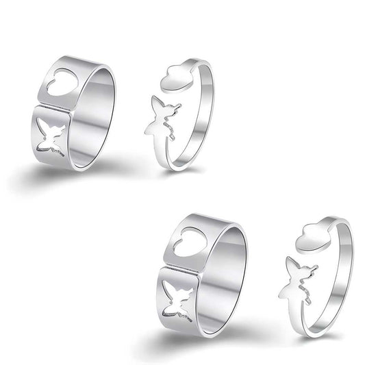 Combo of 2 Silver Plated Heart and Butterfly Couple Rings