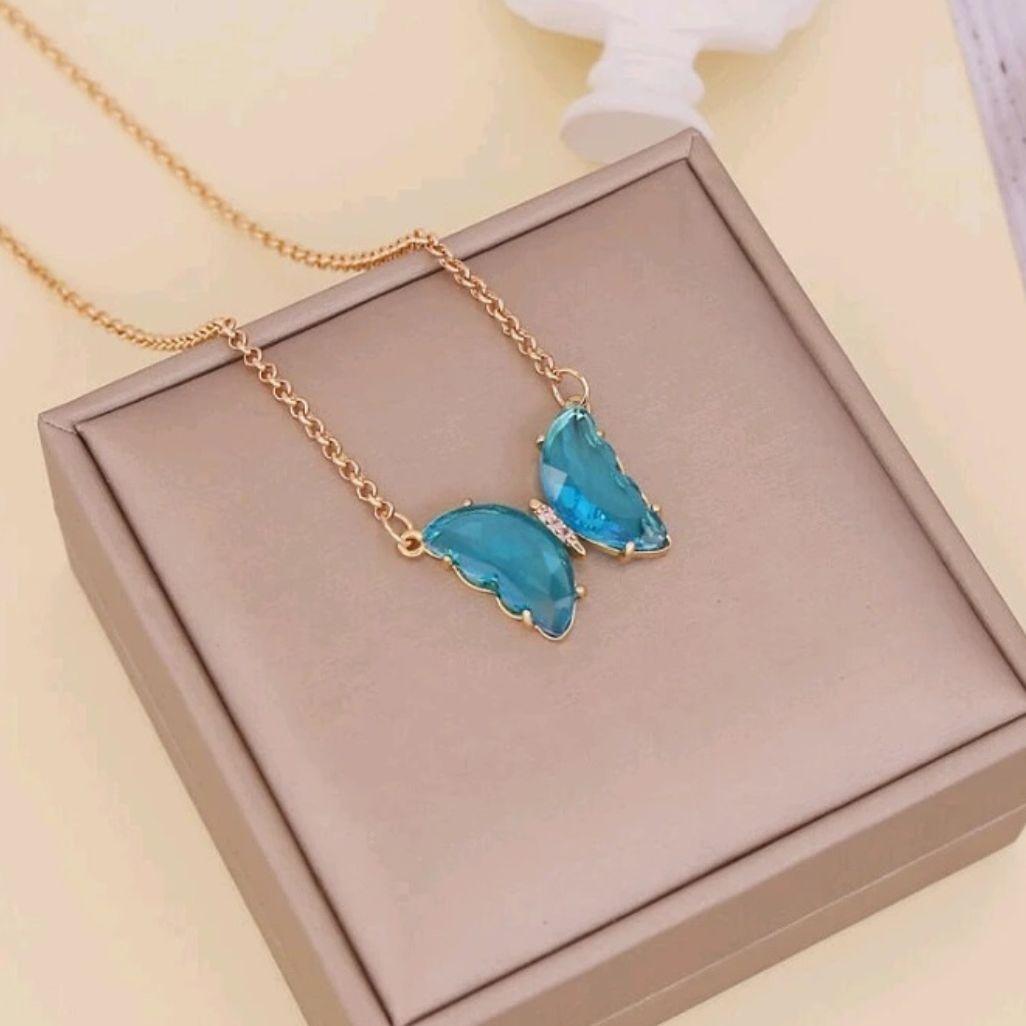 Blue Crystal Butterfly Pendant Necklace