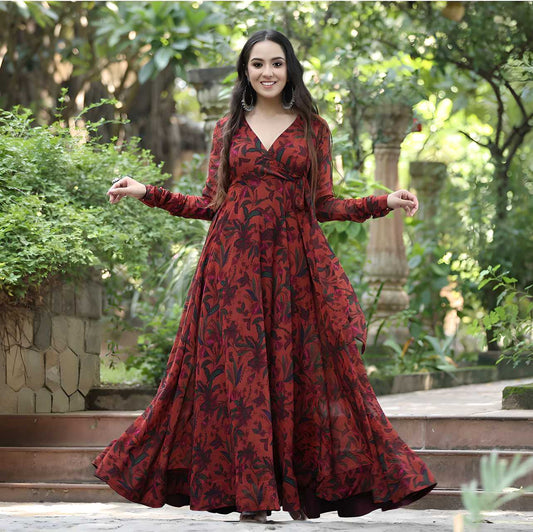 Beautiful Georgette Floral Print Flared Plus Size Womens Gown