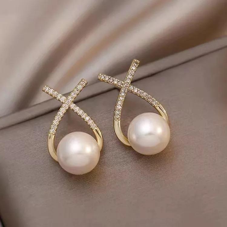 Korean Studded Cross Pearl Stud Earrings For Women And Girls 2 Pcs/Set