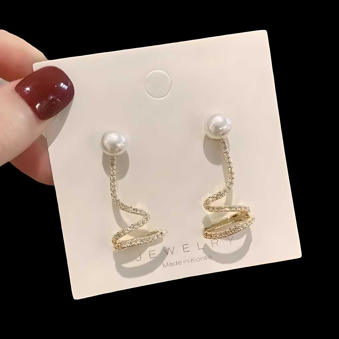 Korean Earrings Gold Plated Twisted Geometrical Pearl Rhinestone